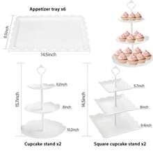 10 Pcs Cake Stand White Plastic Dessert Table Display Set 4 Pcs 3 Tired Cupcake Stand Cookie Tray Rack Serving Tray Cake Display Tower And 6 Pcs Dessert Trays For Wedding Baby Shower Tea Party (White) - 2 Squares + 2 Flower Shapes + 6 Trays - View 8