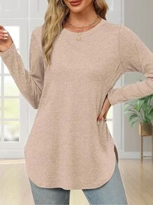 Women's Solid Color Crew Neck Shirt With Side Split Long Sleeve Casual Basic Top - Beige - View 3