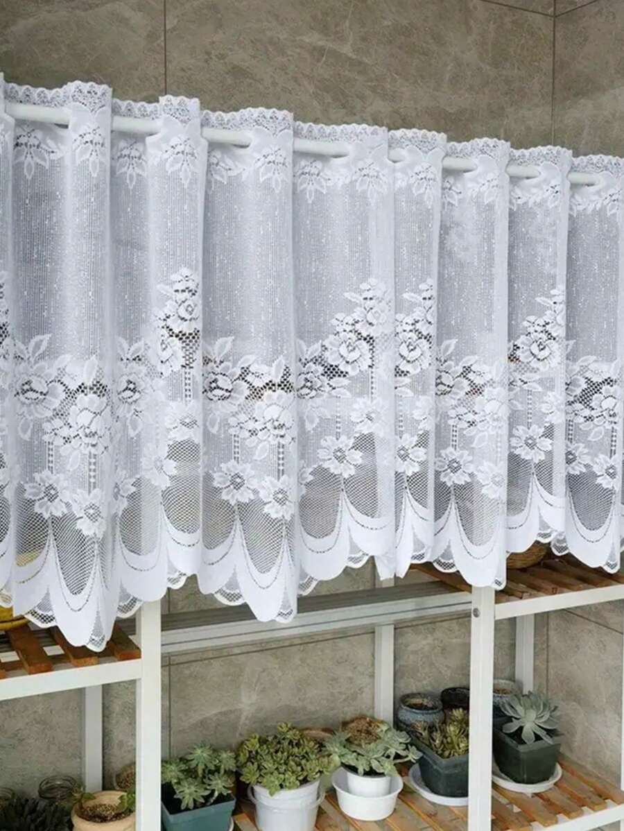 1pc Fresh Minimalist White Floral Lace Curtain Panel, Sheer Window Decor, Coffee Filter, Festival Decoration - White - View 1