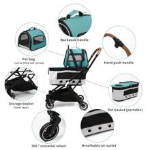 FXLTSBL 3 In 1 Cat Stroller, Foldable Pet Stroller With 2 Detachable Carrying Bags For 2 Cats With Brake And Storage Basket For Small Cats And Dogs - Green - View 6