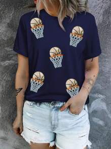 Women's Spring Sequin Basketball Graphic Holiday Short Sleeve T-Shirt - Blue - View 6