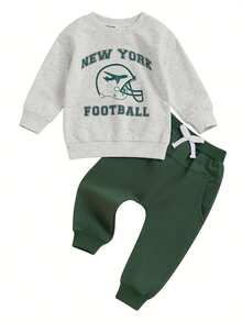 Toddler Boy Fall Clothes Letter Print Long Sleeve Sweatshirt With Solid Color Pants 2Pcs Outfits - Light Grey - View 1