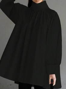 大码女装宽松休闲蘑菇领长袖上衣，黑色，春季款 - 黑色 - 查看 1