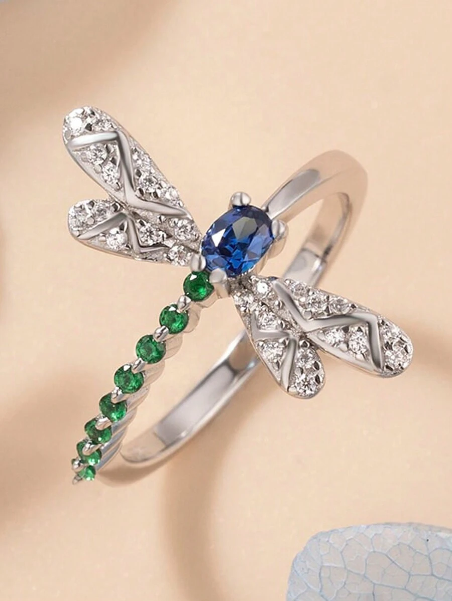 Stylever 1pc Delicate Dragonfly Ring With Colored Zirconia Ladies Jewelry For Women 925 Sterling Silver Ladies Fine Jewelry For Girls Daily Prom Party Decor