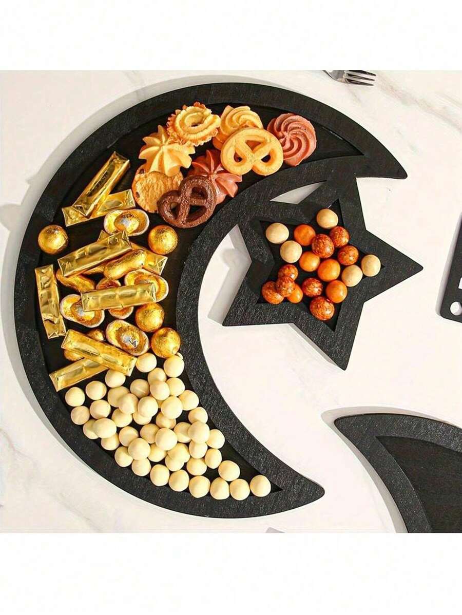 1 件新月形和星形甜点托盘，适用于早餐、晚餐、甜品派对、甜点展示盘厨房配件厨房装饰餐桌托盘水果托盘托盘装饰 - 黑色 - 查看 1