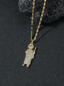 1 件复古嘻哈金属风格铜白色锆石立体人物吊坠项链，欧美宗教风格中性嘻哈风格男女通用耶稣会圣裘德吊坠带金属简约链条项链适合日常佩戴首饰