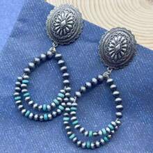 1 Pair Western Country Style Vintage Beaded Jewelry Earrings, Handmade Wire Wrap Turquoise, Suitable For Women To Wear On Holidays, Dates, Travel, And Daily Life