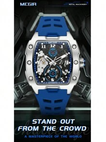 Megir Mechanical Watch, Square Face, Large Dial, Luminescent Hands, Multifunctional, Waterproof, Men's Fashionable Gift - 藍白色 - 查看 3