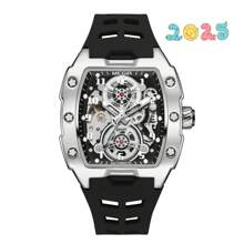 Megir Mechanical Watch, Square Face, Large Dial, Luminescent Hands, Multifunctional, Waterproof, Men's Fashionable Gift - Đen và trắng - Xem 1