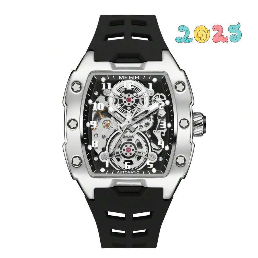 Megir Mechanical Watch, Square Face, Large Dial, Luminescent Hands, Multifunctional, Waterproof, Men's Fashionable Gift - Đen và trắng - Xem 1