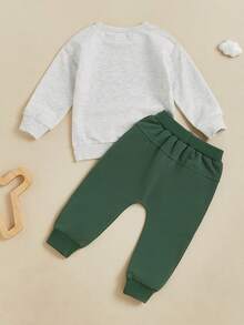 Toddler Boy Fall Clothes Letter Print Long Sleeve Sweatshirt With Solid Color Pants 2Pcs Outfits - Light Grey - View 6