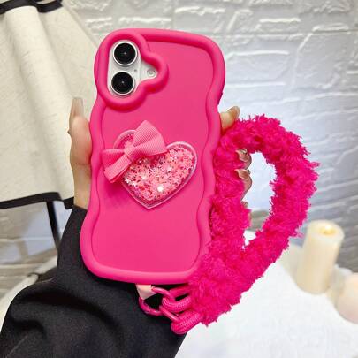 1pc Candy Wavy Phone Case Compatible With IPhone 16, Galaxy S24 Ultra, Infinix Smart 8/Infinix Hot 40i/Spark 20/Spark 20C/Spark Go 2024, Glitter Heart Bow Plush Lanyard
