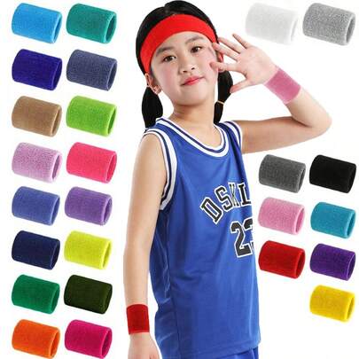 儿童运动腕带 - 纯色腕带运动防汗带，弹性吸汗防汗透气厚羊毛腕带，多种颜色，适合 8-16 岁篮球、网球、棒球、垒球、排球、足球、跑步