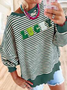 Women's St Patrick Day Chenille LUCKY Pattern Boho Long Sleeve Sweatshirt Top