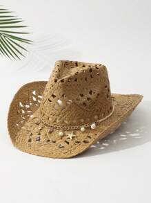 1pcs Unisex Conch Decor Cowboy Hat Hollow Printed Cowgirl Hat Casual Sun Hat Spring Summer Travel Shade Beach Hat Straw Hat - 卡其色 - 查看 1