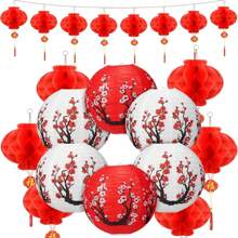 20 Pcs Chinese Japanese Paper Lanterns, Party Decorations, Cherry Blossom Decorative Hanging Lanterns For Chinese New Year, Birthday Parties, Weddings, Japanese Restaurant And So On(Red, White)