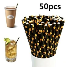 50pcs Gold Plated Paper Straws, 7.7 Inch Straws, Gold Foil Design, Birthday Party, Drink Straws, Drink Stirring Stick - Multicolor - View 1