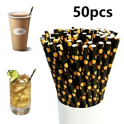 50pcs Gold Plated Paper Straws, 7.7 Inch Straws, Gold Foil Design, Birthday Party, Drink Straws, Drink Stirring Stick