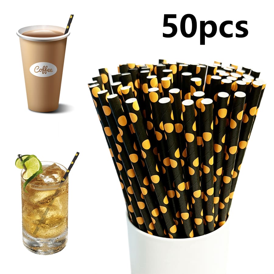 50pcs Gold Plated Paper Straws, 7.7 Inch Straws, Gold Foil Design, Birthday Party, Drink Straws, Drink Stirring Stick - Multicolor - View 1