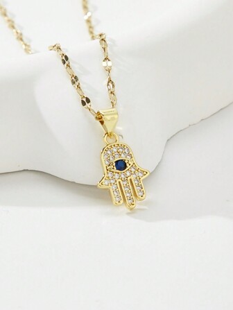 1pc Stainless Steel Fashionable Eye & Palm Pendant Necklace, Suitable For All Seasons As Gift