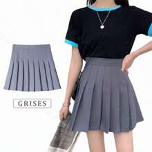 FATSHEI Falda Plisada De Cintura Alta Para Mujer, Faldas De Coreano,Falda plisada de moda, media falda, estilo coreano, temperamento, faldas para mujer, falda corta en forma de A, cintura alta, versátil, delgada, fresca, color sólido. Falda corta estilo coreano de otoño para mujer, minifalda plisada sexy de cintura alta. - Gris - Ver 4