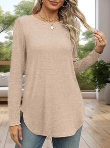 Women's Solid Color Crew Neck Shirt With Side Split Long Sleeve Casual Basic Top - Beige - View 1