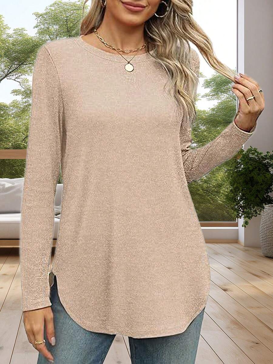 Women's Solid Color Crew Neck Shirt With Side Split Long Sleeve Casual Basic Top - Beige - View 1