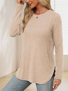 Women's Solid Color Crew Neck Shirt With Side Split Long Sleeve Casual Basic Top - Beige - View 4