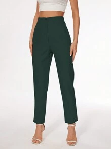 TRAFZA Women's Slim Fit Solid Color Pleated Stretch Straight Leg Pants, Suitable For Casual And Formal Wear - Dark Green - View 3