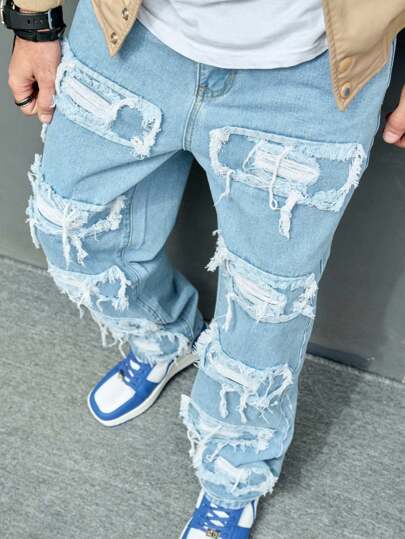 Men's Retro Casual Loose Fit Wide Leg Jeans, Street Fashion Trousers, Emo Style