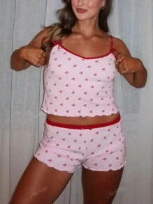 Vrouwen Zomer Kersenprint Strik Crop Cami En Shorts Tweedelige Set Bodycon Sexy Y2K Matching Outfits Club Co Ords Set Plus Size