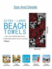 1pc Rose Skull Pattern Microfiber Super Absorbent Beach Towel, Extra Large Beach Blanket Suitable For Travel, Swimming Pool, Diving, Surfing, Yoga, Camping, Available In Adult And Sizes, Beach Accessories Summer,Holiday Bathroom Decor Beach Essentials