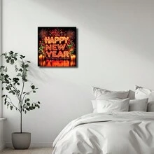 Wrapped Framed Canvas Vintage Wall Art Print Neon "Happy New Year" Sign - Artful Home Decor For Living Room, Bedroom, Bathroom, Office