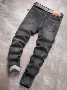 Men's Front Button Pocket Casual Stretch Ripped Jeans - Black - View 2