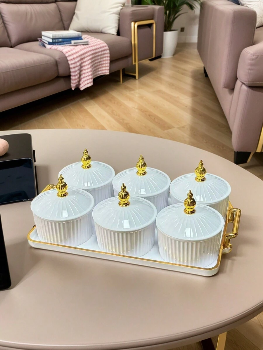 1 Set Nueva caja con diseño de moda para dulces con tapa de sellado, contenedor de almacenamiento doméstico para dulces, frutos secos, bocadillos y galletas - Blanco - Ver 1