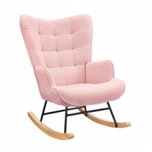 Nursing Rocking Chair, Berber Fleece Look Rocking Chair, Armrest, Armchair With Wooden Glides, Relaxation Chair For Living Room, Bedroom, Pink - Pink - View 7