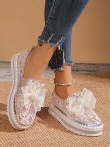 Women's Elegant Spring/Summer Mesh Breathable Handmade Casual Sneakers, Handwoven Floral Decor Round Toe Design Flat, Suitable For Vacation, Party, Apartment Comfortable Shoes, Beige Color Beach Wedding Fashion Slip-On Shoes, Autumn - Beige - View 6