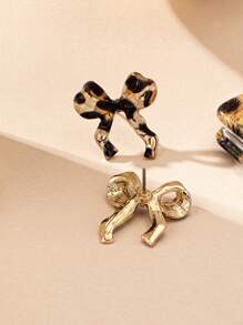 1 Pair Fashionable Elegant Bowknot Metal Golden Leopard Print Pendant Earrings For Women, Sophisticated Daily Wear - Multicolor - View 5