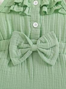 Bộ đồ liền thân thời trang cho bé gái dễ thương, mềm mại, vải cotton, viền ren, trang trí nơ, mùa hè - Màu xanh Ô liu - Xem 5