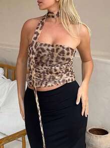 Crop Tube Tops For Womens Summer Leopard Print Ruched Bandeau Vest Backless Shirts And Scarf Set - marrón - Ver 3