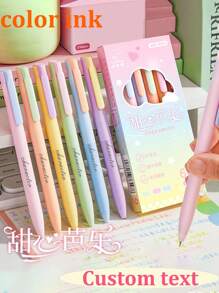 6pcs/Box Customized Text/Logo Color Ink Ballpoint Pens, Colorful Ink Pens For Note-Taking, Students, Diaries, High-Quality Candy Macaron Colors, Back To School/Friend Gifts