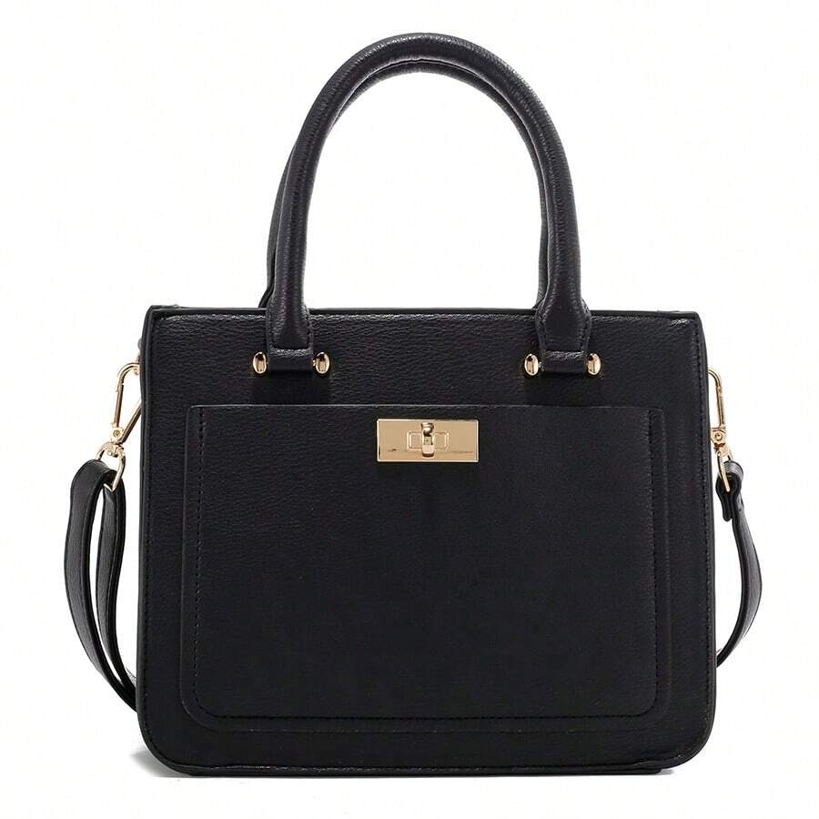 Light Luxury Lychee Patterned Tote Bag, Women's Multifunctional Buckle Decoration Handbag, Dinner Bag - 黑色 - 查看 1