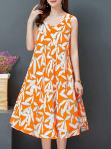 Women's Mid-Length Botanical Print Dress Summer Fashion Round Neck Sleeveless Vacation Style Big Swing Tank Dresses - trái cam - Xem 2