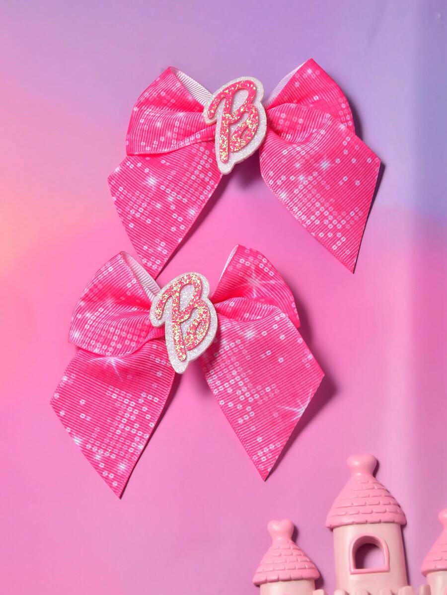 2pcs Digital Printed Crimped Ribbon Pair With Green Powder Letter Ear Clips, Fashion Star Series Everyday Hair Accessories, Cheapest Items Available