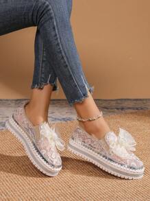 Women's Elegant Spring/Summer Mesh Breathable Handmade Casual Sneakers, Handwoven Floral Decor Round Toe Design Flat, Suitable For Vacation, Party, Apartment Comfortable Shoes, Beige Color Beach Wedding Fashion Slip-On Shoes, Autumn - Beige - View 3