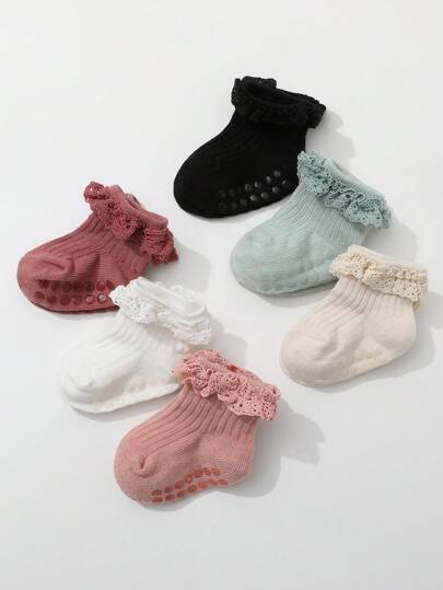 6 Pairs Baby/Toddler Girls Lace Trim Non-Slip Floor Socks, Breathable Short Socks, All Season