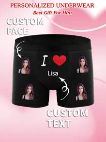 Custom Photo/Text/Logo Printed Men's Heart Pattern Boxer Briefs, Personalized Stretchy Comfortable Casual Underwear, Ideal Gift For Boyfriend/Husband, Valentine's Day Present, Unique & Funny - Black - View 2