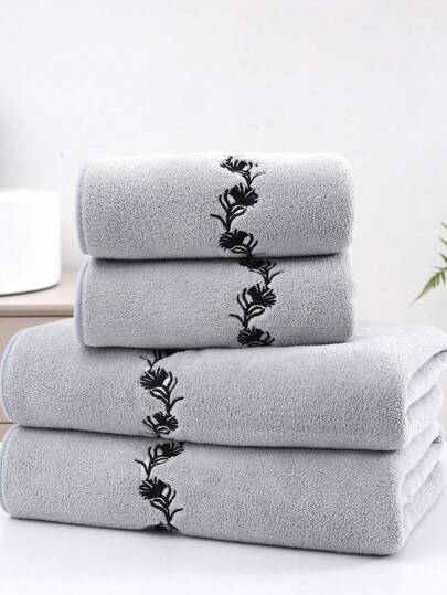 1pc Plush Coral Fleece Embroidered Towel/Bath Towel, Absorbent & Soft, Decorative Embroidery Bathroom Towel Home Bathroom Decor Fall Decor Back To School For Beauty Salon Home Bathroom