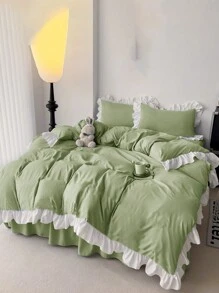 3-Piece Mint Green Ruffled Soft & Comfortable Bedding Set, Suitable For Bedroom, Guest Room - Pastel Green - View 11
