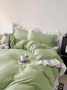 3-Piece Mint Green Ruffled Soft & Comfortable Bedding Set, Suitable For Bedroom, Guest Room - Pastel Green - View 10